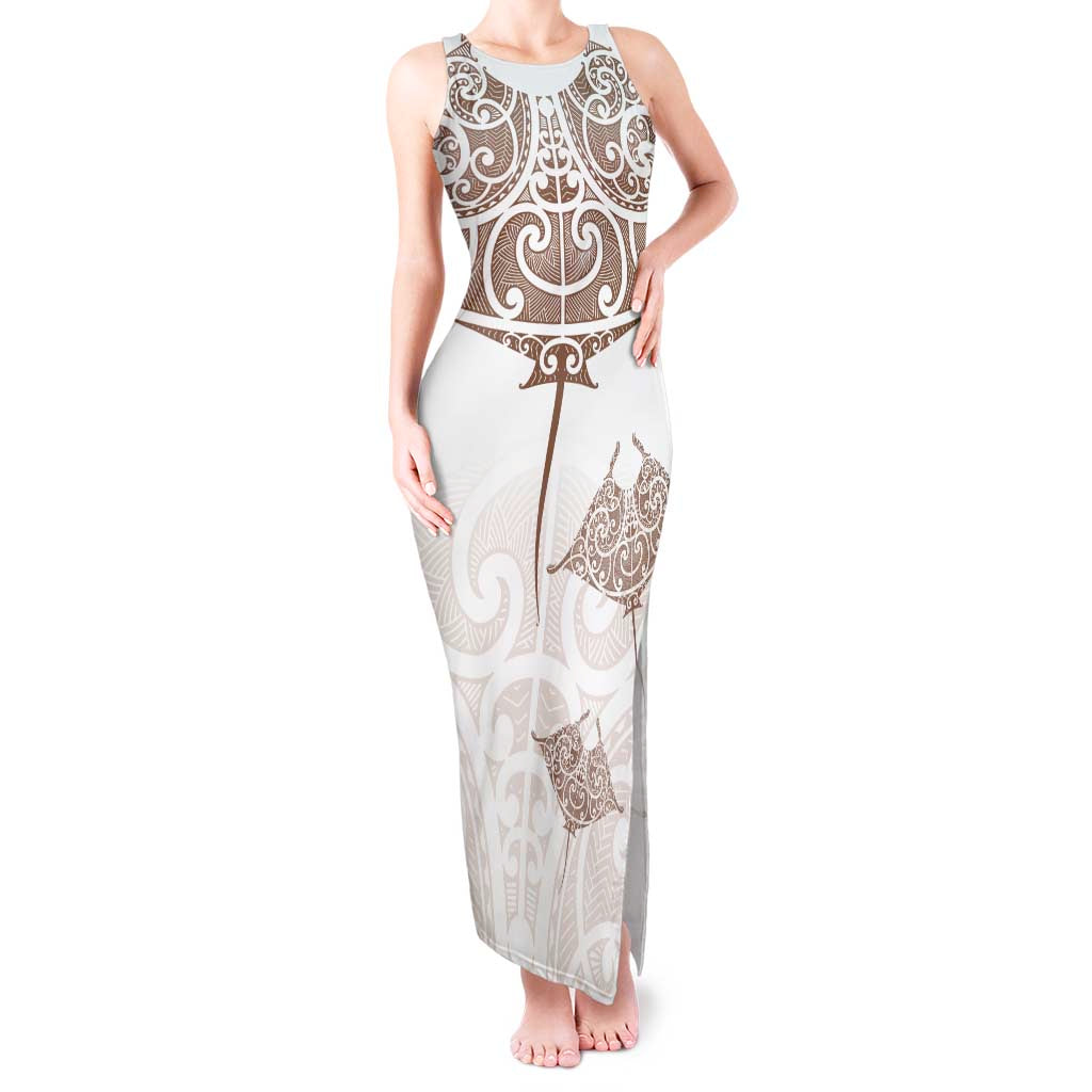 New Zealand Manta Ray Tattoo Tank Maxi Dress Aotearoa Maori Haehae Beige LT14 Women White - Polynesian Pride