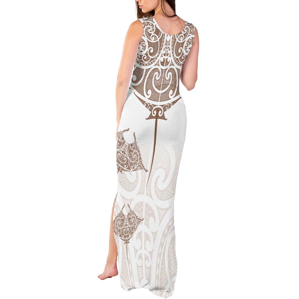 New Zealand Manta Ray Tattoo Tank Maxi Dress Aotearoa Maori Haehae Beige LT14 - Polynesian Pride