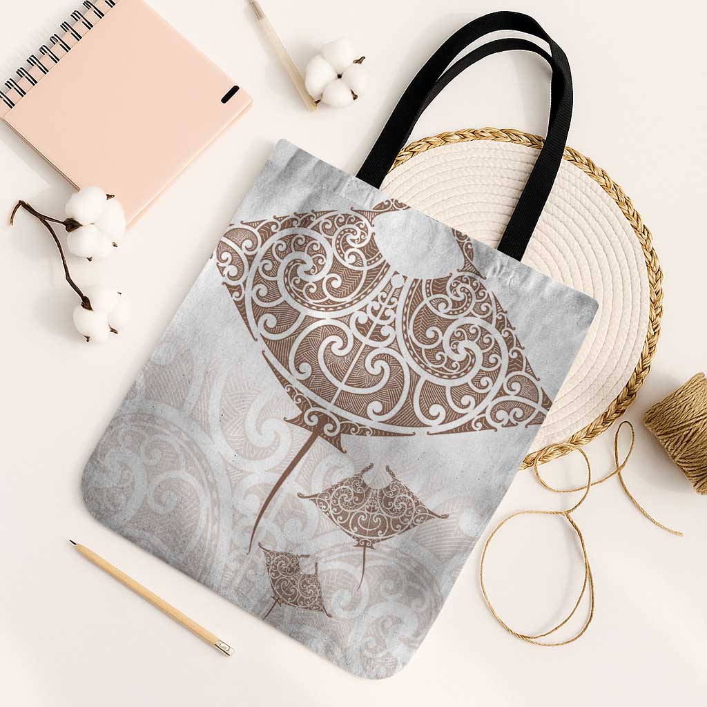 New Zealand Manta Ray Tattoo Tote Bag Aotearoa Maori Haehae Beige LT14 Black Strap One Size White - Polynesian Pride