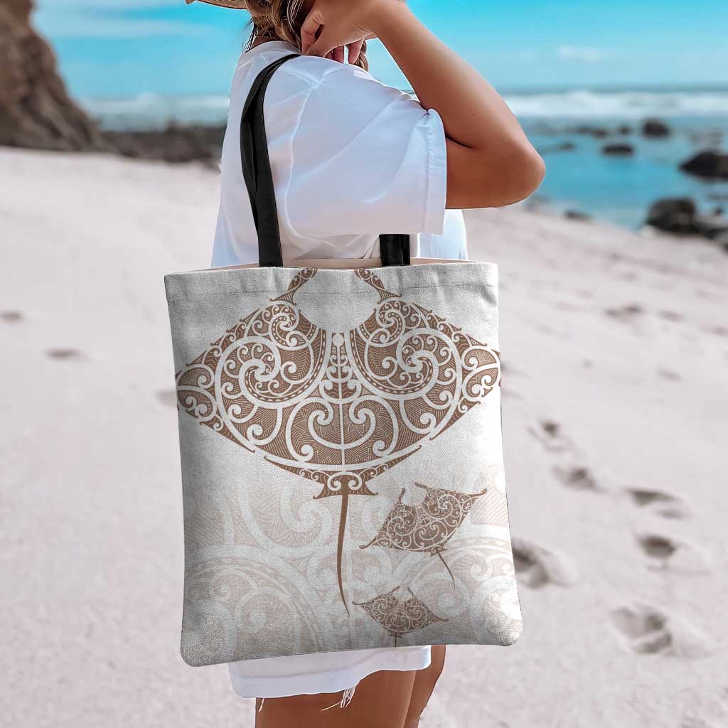 New Zealand Manta Ray Tattoo Tote Bag Aotearoa Maori Haehae Beige LT14 - Polynesian Pride