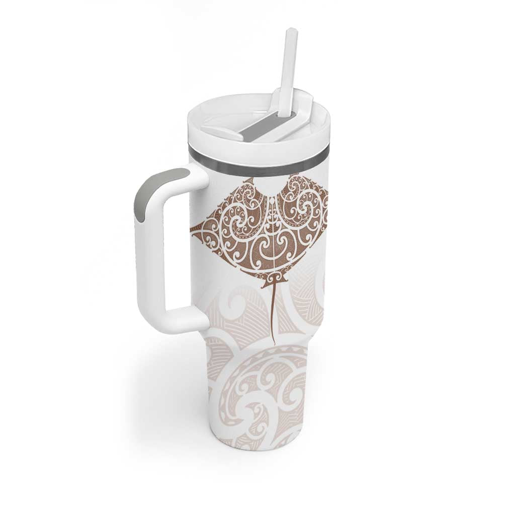 New Zealand Manta Ray Tattoo Tumbler With Handle Aotearoa Maori Haehae Beige LT14 - Polynesian Pride
