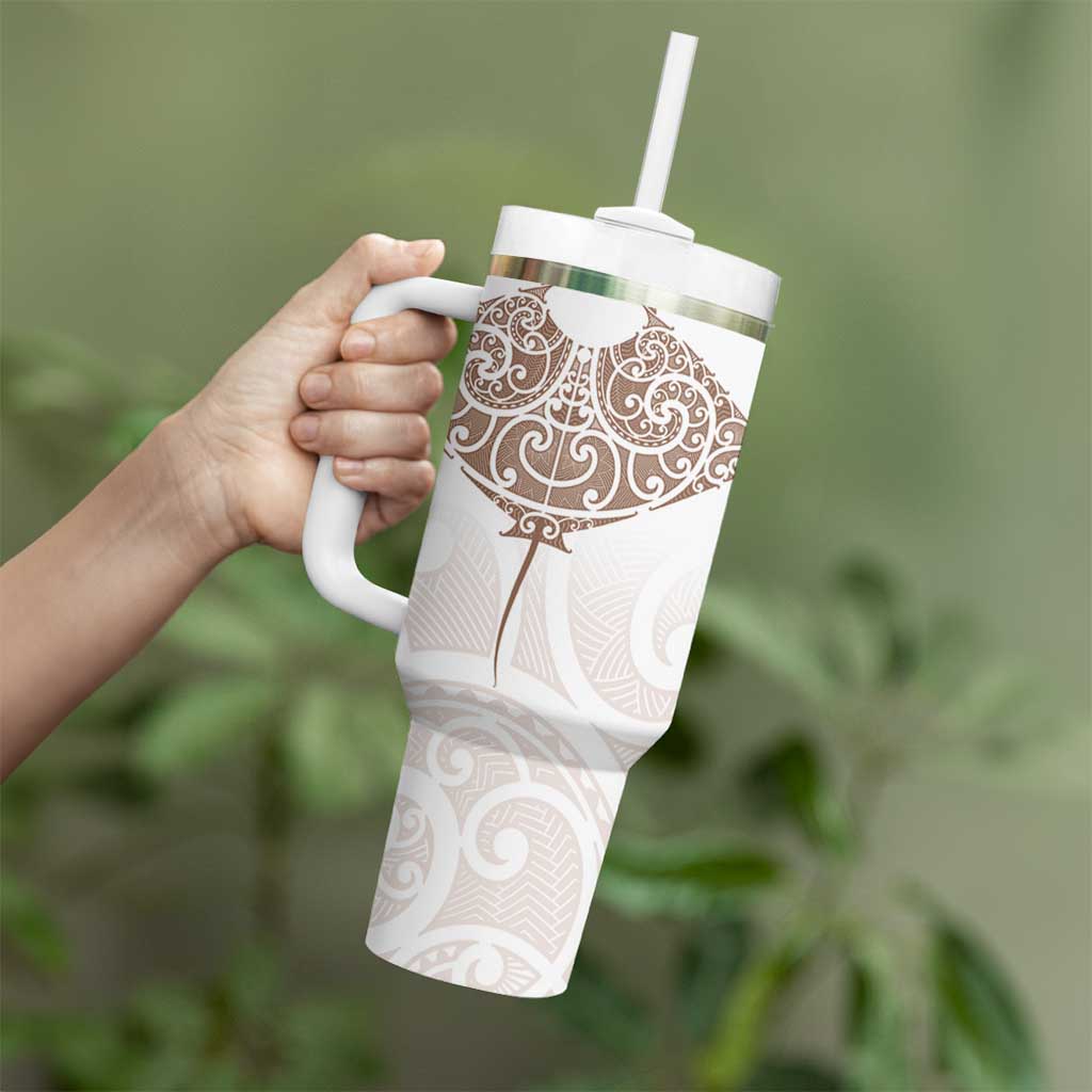 New Zealand Manta Ray Tattoo Tumbler With Handle Aotearoa Maori Haehae Beige LT14 - Polynesian Pride