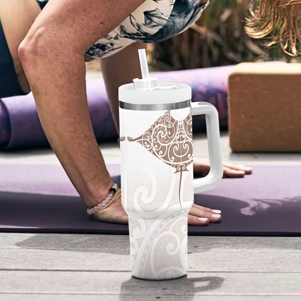 New Zealand Manta Ray Tattoo Tumbler With Handle Aotearoa Maori Haehae Beige LT14 - Polynesian Pride