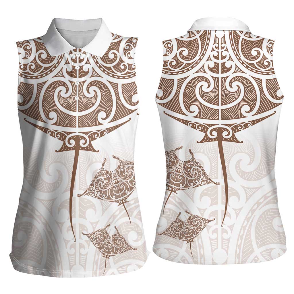 New Zealand Manta Ray Tattoo Women Sleeveless Polo Shirt Aotearoa Maori Haehae Beige LT14 - Polynesian Pride