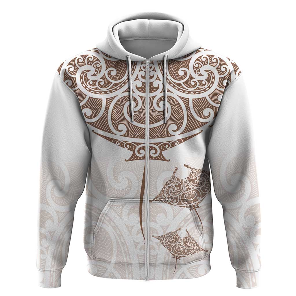 New Zealand Manta Ray Tattoo Zip Hoodie Aotearoa Maori Haehae Beige LT14 Zip Hoodie White - Polynesian Pride