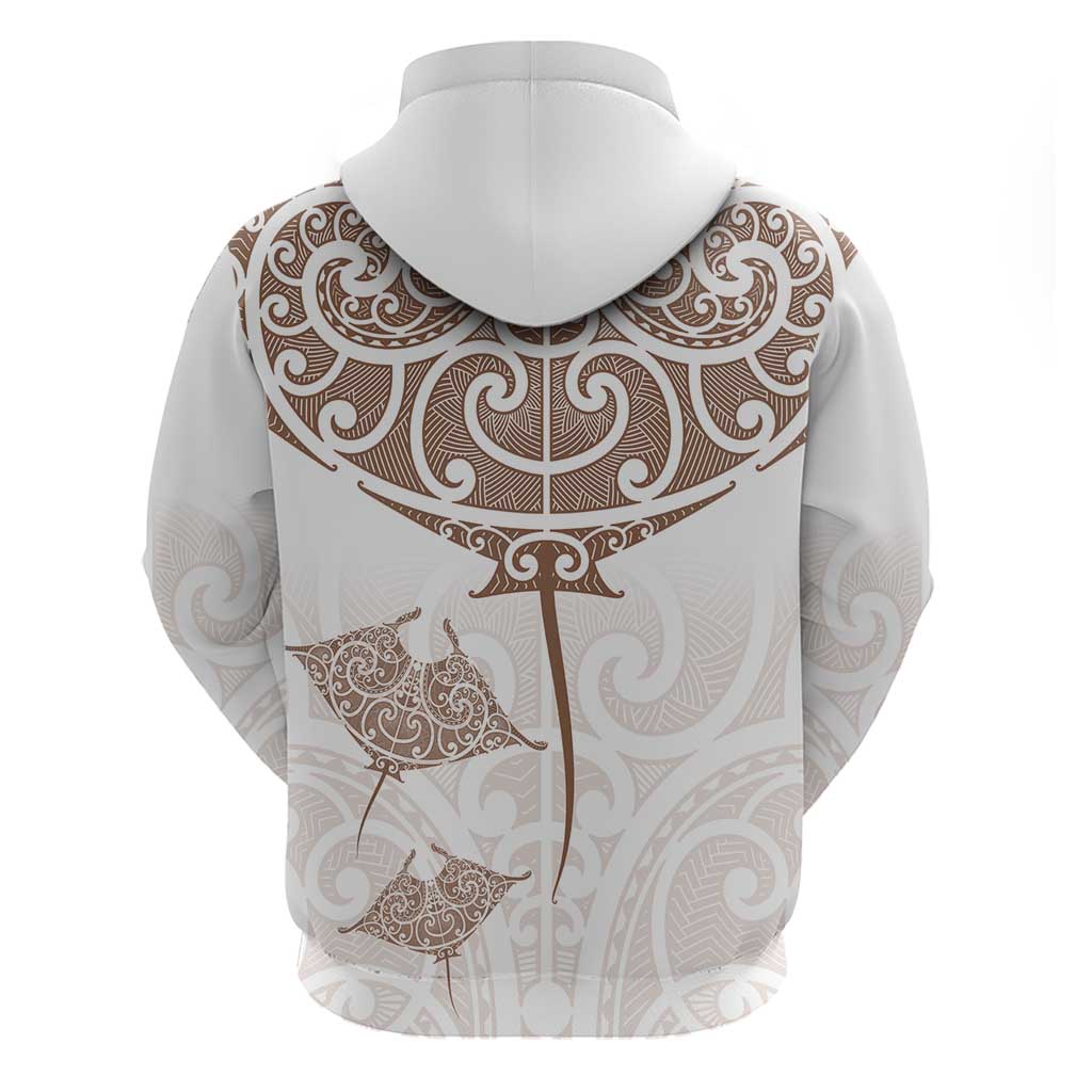 New Zealand Manta Ray Tattoo Zip Hoodie Aotearoa Maori Haehae Beige LT14 - Polynesian Pride