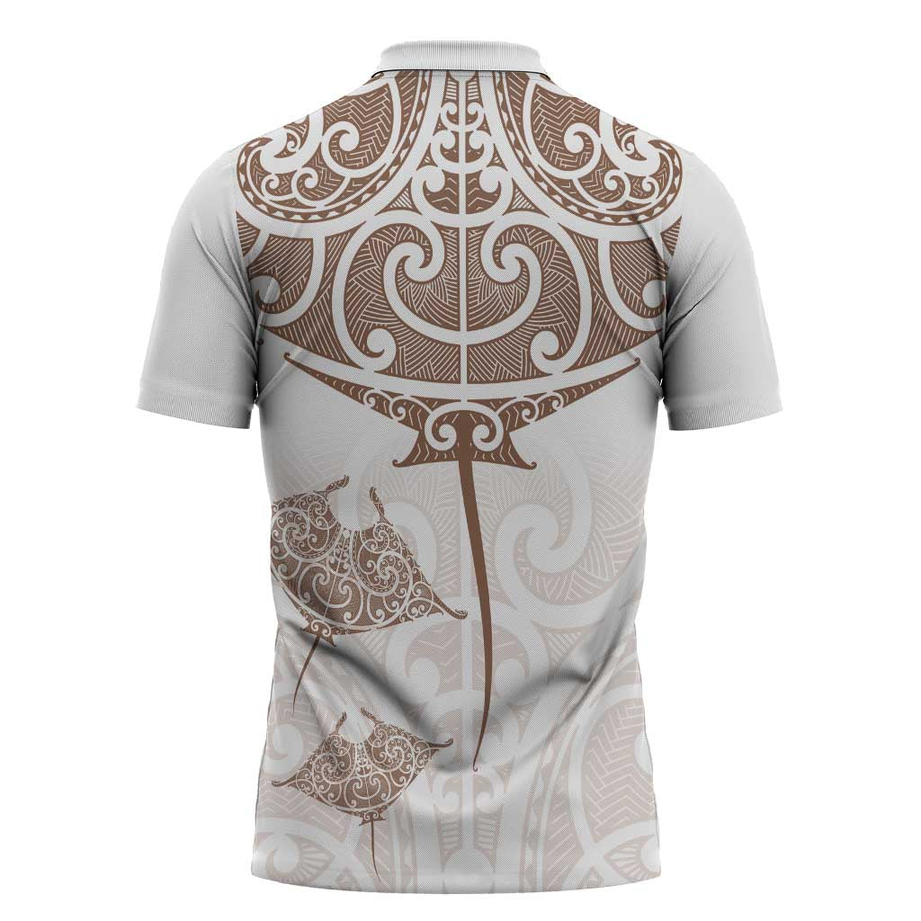 New Zealand Manta Ray Tattoo Zipper Polo Shirt Aotearoa Maori Haehae Beige LT14 - Polynesian Pride