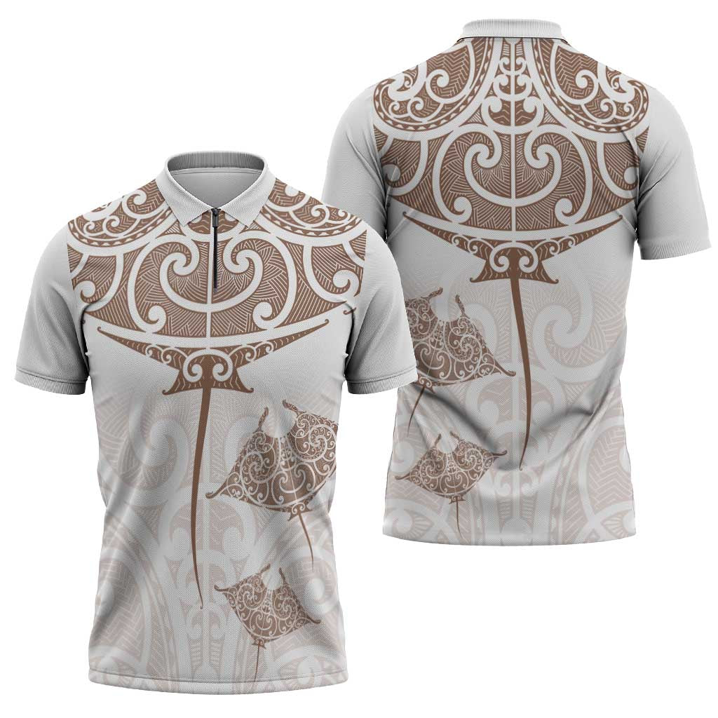 New Zealand Manta Ray Tattoo Zipper Polo Shirt Aotearoa Maori Haehae Beige LT14 - Polynesian Pride