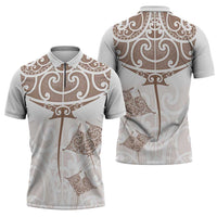 New Zealand Manta Ray Tattoo Zipper Polo Shirt Aotearoa Maori Haehae Beige LT14 - Polynesian Pride