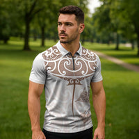 New Zealand Manta Ray Tattoo Zipper Polo Shirt Aotearoa Maori Haehae Beige LT14 - Polynesian Pride