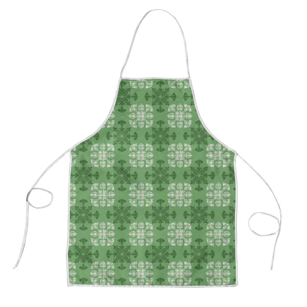Green Hawaiian Quilt Apron Hawaii Pineapple Monstera Palaka Motifs - Polynesian Pride