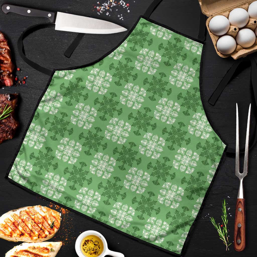 Green Hawaiian Quilt Apron Hawaii Pineapple Monstera Palaka Motifs - Polynesian Pride