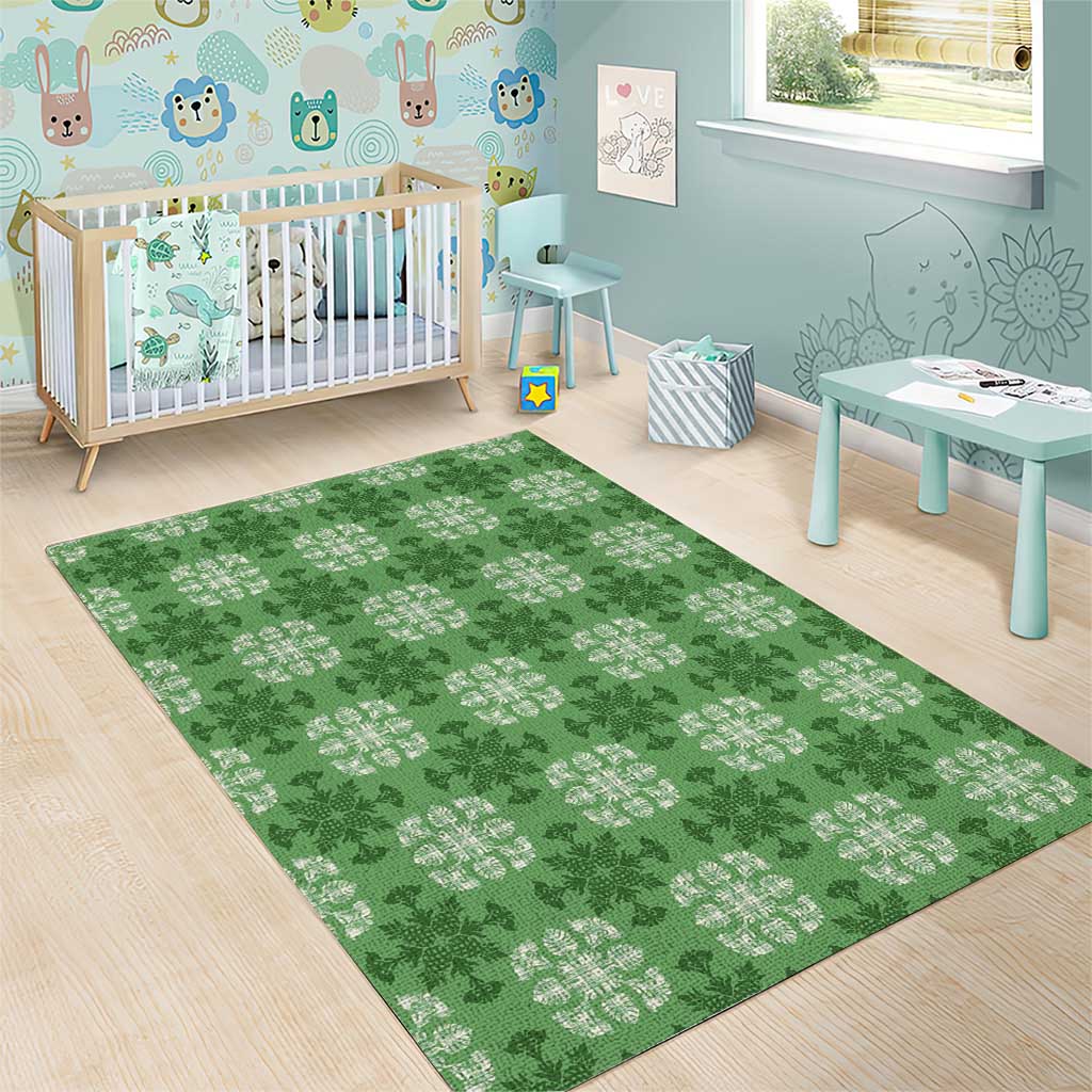 Green Hawaiian Quilt Area Rug Hawaii Pineapple Monstera Palaka Motifs - Polynesian Pride
