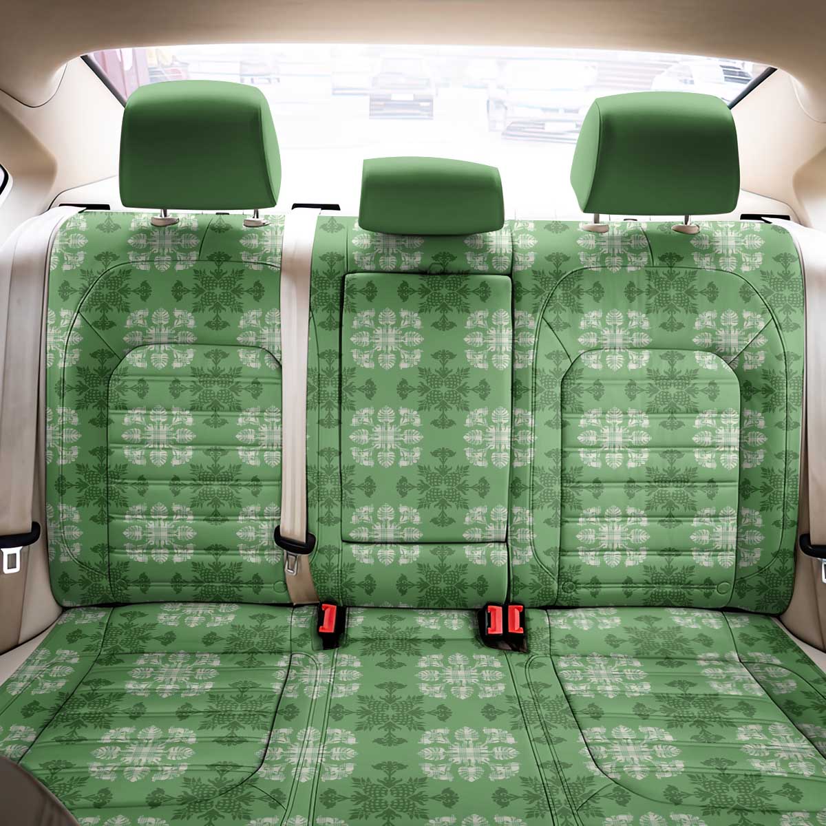 Green Hawaiian Quilt Back Car Seat Cover Hawaii Pineapple Monstera Palaka Motifs - Polynesian Pride