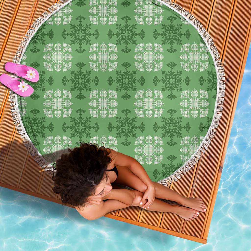 Green Hawaiian Quilt Beach Blanket Hawaii Pineapple Monstera Palaka Motifs - Polynesian Pride