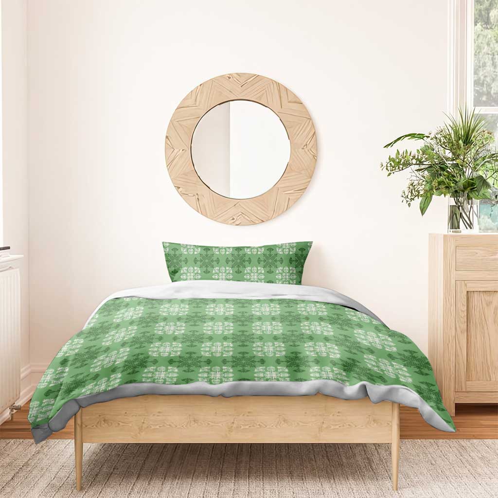 Green Hawaiian Quilt Bedding Set Hawaii Pineapple Monstera Palaka Motifs - Polynesian Pride