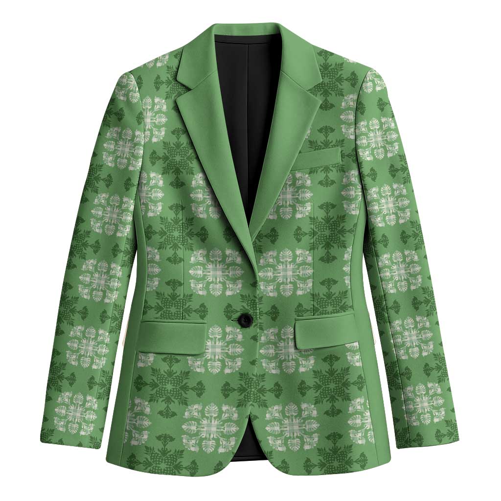 Green Hawaiian Quilt Blazer Hawaii Pineapple Monstera Palaka Motifs - Polynesian Pride