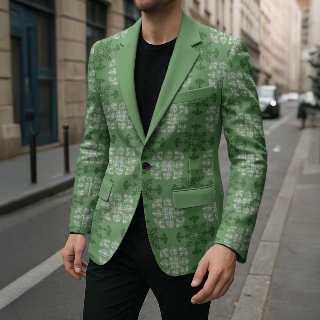 Green Hawaiian Quilt Blazer Hawaii Pineapple Monstera Palaka Motifs - Polynesian Pride