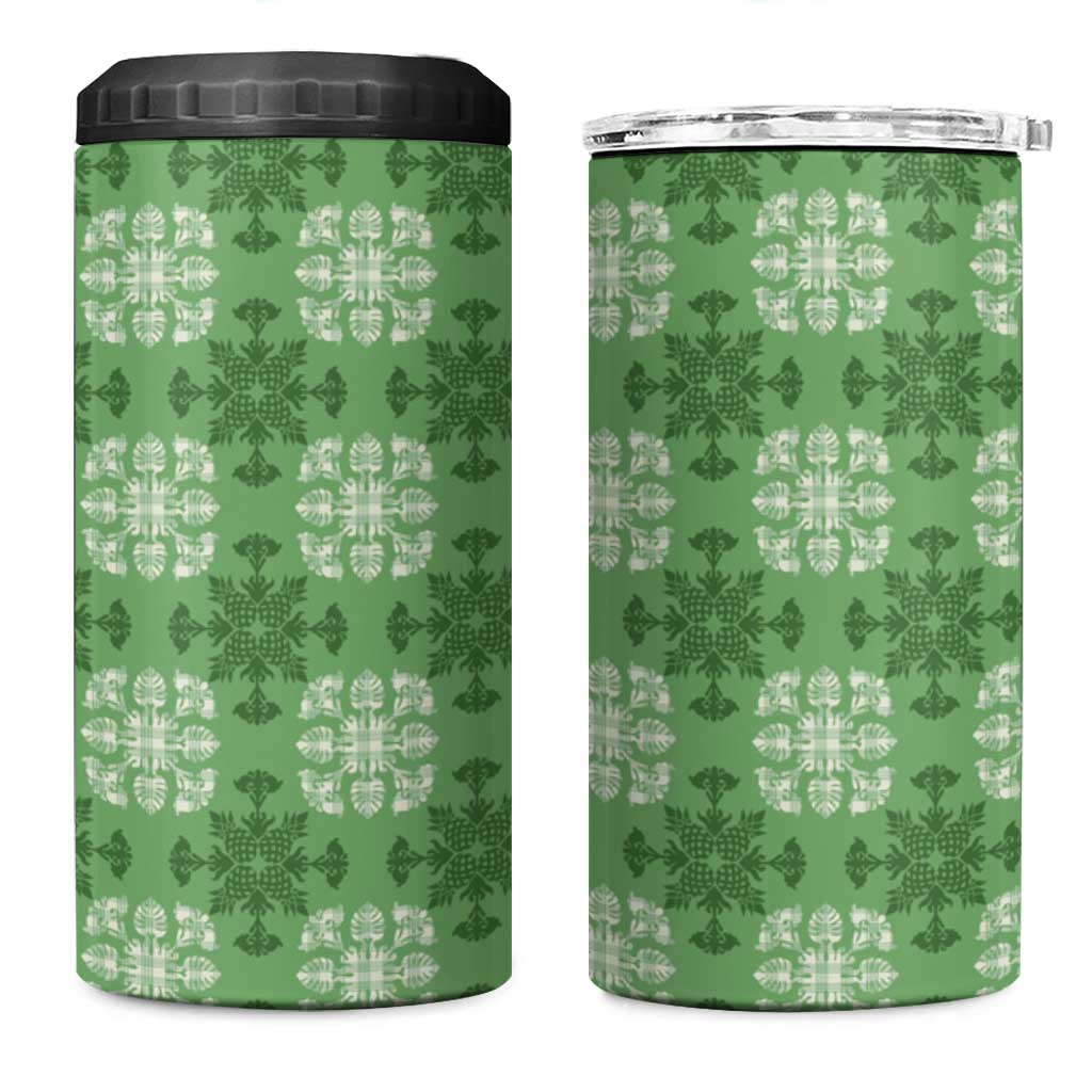 Green Hawaiian Quilt 4 in 1 Can Cooler Tumbler Hawaii Pineapple Monstera Palaka Motifs LT14 One Size: 16 oz Green - Polynesian Pride