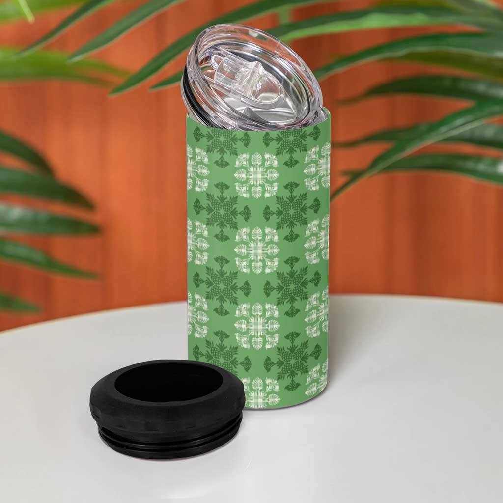 Green Hawaiian Quilt 4 in 1 Can Cooler Tumbler Hawaii Pineapple Monstera Palaka Motifs LT14 - Polynesian Pride