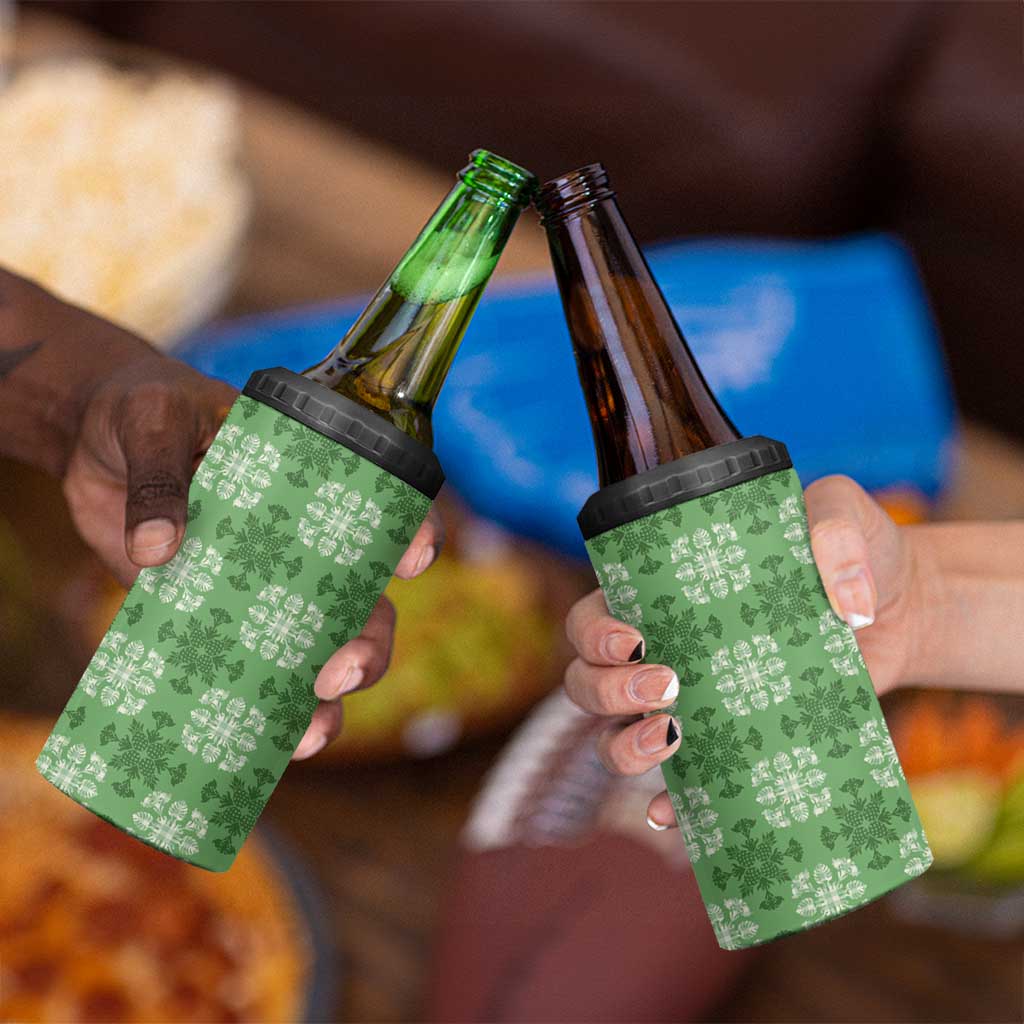 Green Hawaiian Quilt 4 in 1 Can Cooler Tumbler Hawaii Pineapple Monstera Palaka Motifs LT14 - Polynesian Pride