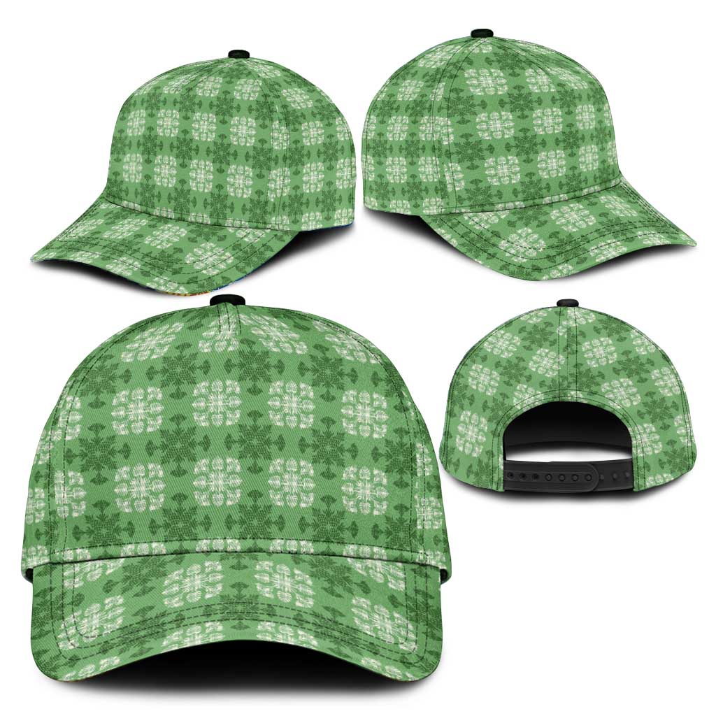 Green Hawaiian Quilt Classic Cap Hawaii Pineapple Monstera Palaka Motifs - Polynesian Pride