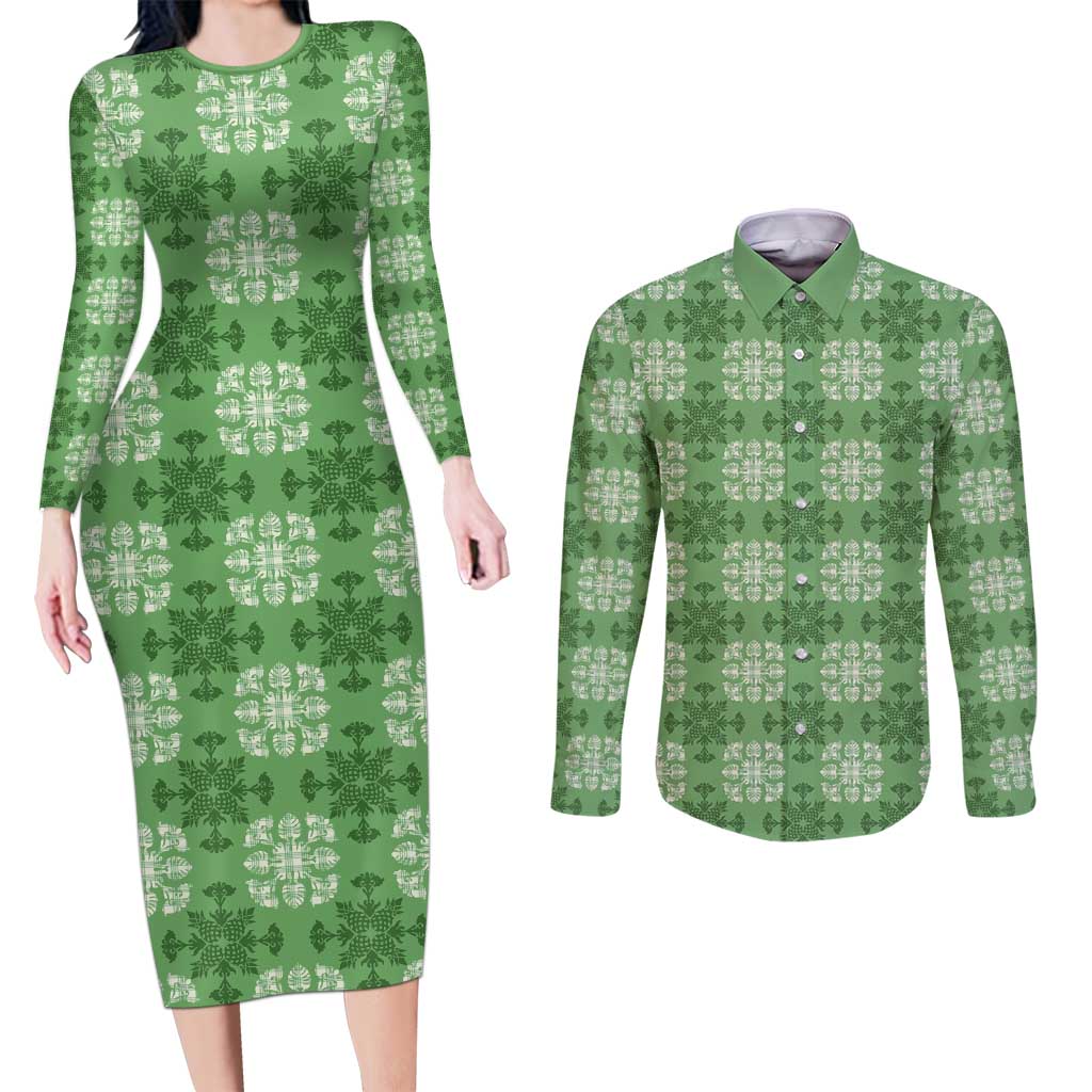 Green Hawaiian Quilt Couples Matching Long Sleeve Bodycon Dress and Long Sleeve Button Shirt Hawaii Pineapple Monstera Palaka Motifs LT14 Green - Polynesian Pride