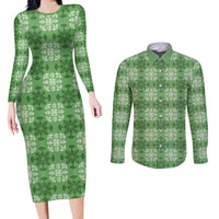 Green Hawaiian Quilt Couples Matching Long Sleeve Bodycon Dress and Long Sleeve Button Shirt Hawaii Pineapple Monstera Palaka Motifs LT14 Green - Polynesian Pride
