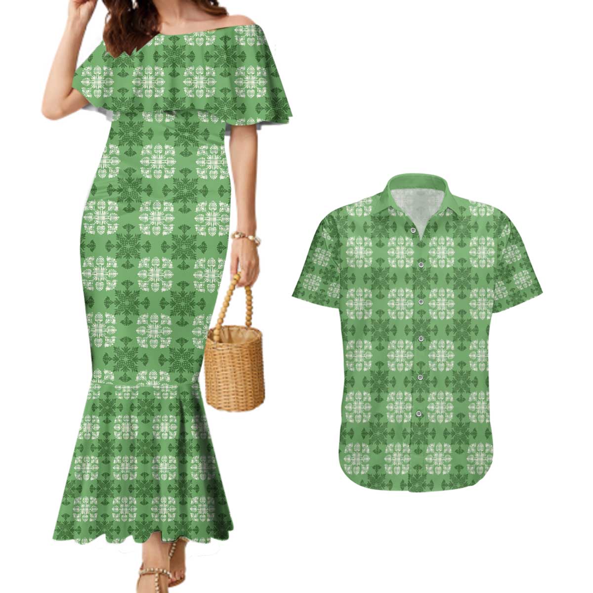 Green Hawaiian Quilt Couples Matching Mermaid Dress and Hawaiian Shirt Hawaii Pineapple Monstera Palaka Motifs - Polynesian Pride