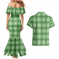 Green Hawaiian Quilt Couples Matching Mermaid Dress and Hawaiian Shirt Hawaii Pineapple Monstera Palaka Motifs LT14 - Polynesian Pride