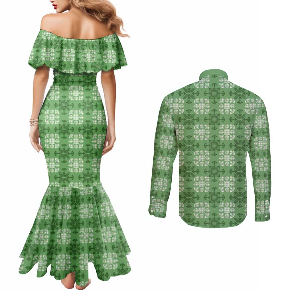 Green Hawaiian Quilt Couples Matching Mermaid Dress and Long Sleeve Button Shirt Hawaii Pineapple Monstera Palaka Motifs LT14 - Polynesian Pride