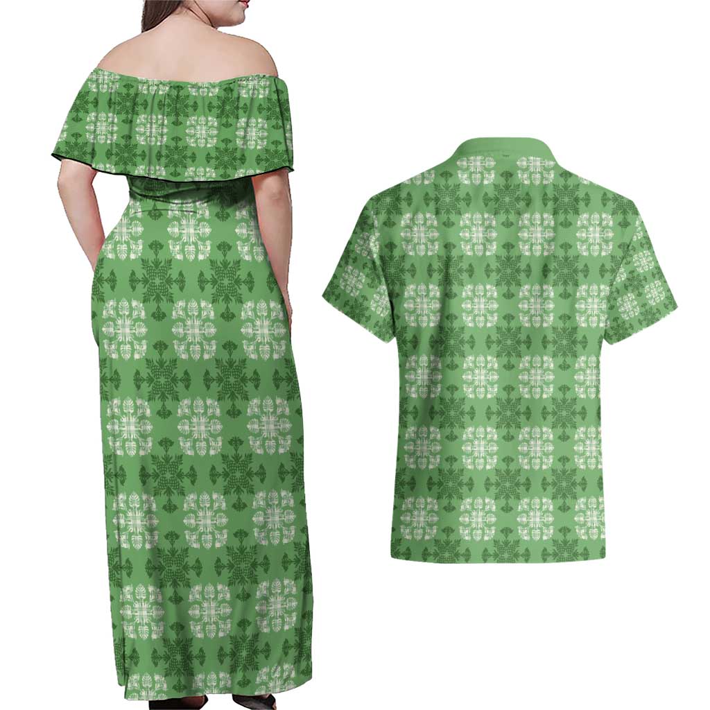 Green Hawaiian Quilt Couples Matching Off Shoulder Maxi Dress and Hawaiian Shirt Hawaii Pineapple Monstera Palaka Motifs LT14 - Polynesian Pride