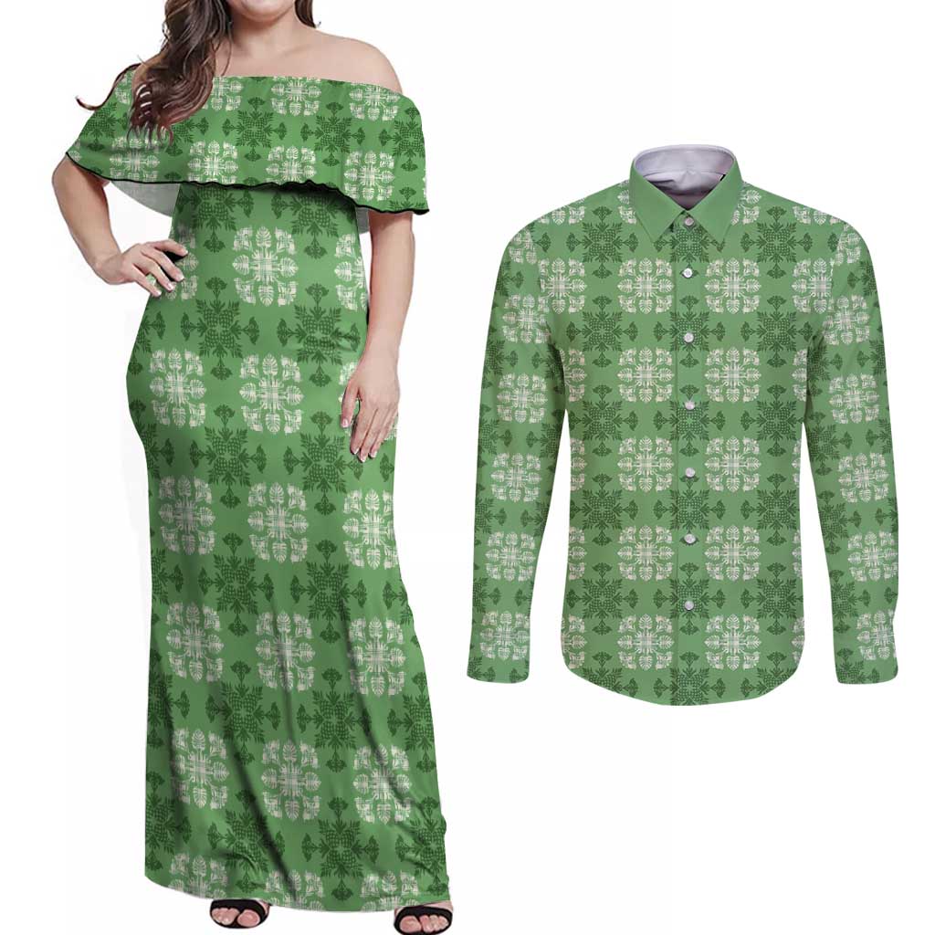 Green Hawaiian Quilt Couples Matching Off Shoulder Maxi Dress and Long Sleeve Button Shirt Hawaii Pineapple Monstera Palaka Motifs LT14 Green - Polynesian Pride