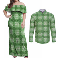 Green Hawaiian Quilt Couples Matching Off Shoulder Maxi Dress and Long Sleeve Button Shirt Hawaii Pineapple Monstera Palaka Motifs LT14 Green - Polynesian Pride