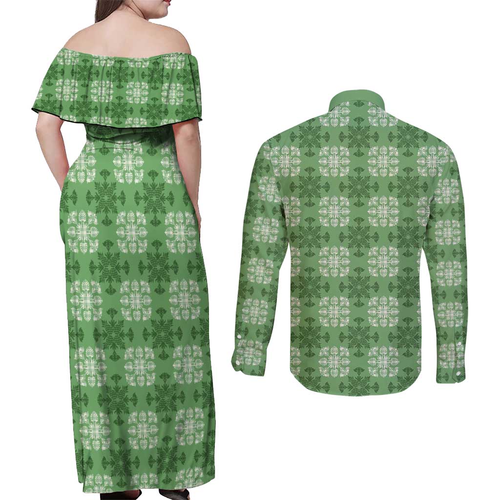 Green Hawaiian Quilt Couples Matching Off Shoulder Maxi Dress and Long Sleeve Button Shirt Hawaii Pineapple Monstera Palaka Motifs LT14 - Polynesian Pride