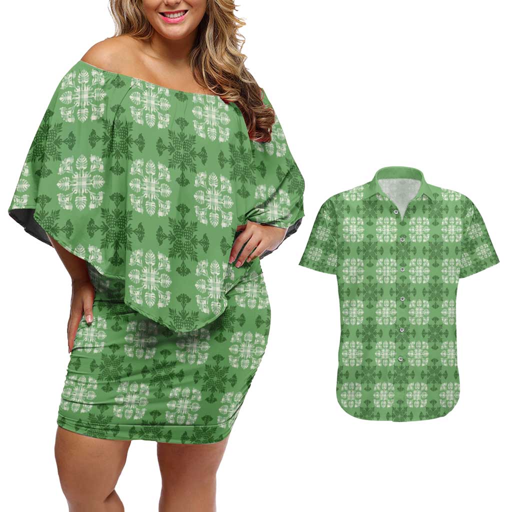 Green Hawaiian Quilt Couples Matching Off Shoulder Short Dress and Hawaiian Shirt Hawaii Pineapple Monstera Palaka Motifs LT14 Green - Polynesian Pride