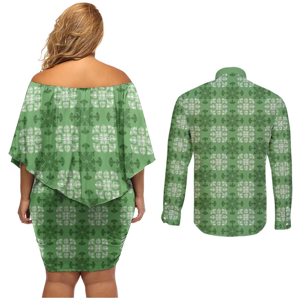 Green Hawaiian Quilt Couples Matching Off Shoulder Short Dress and Long Sleeve Button Shirt Hawaii Pineapple Monstera Palaka Motifs LT14 - Polynesian Pride