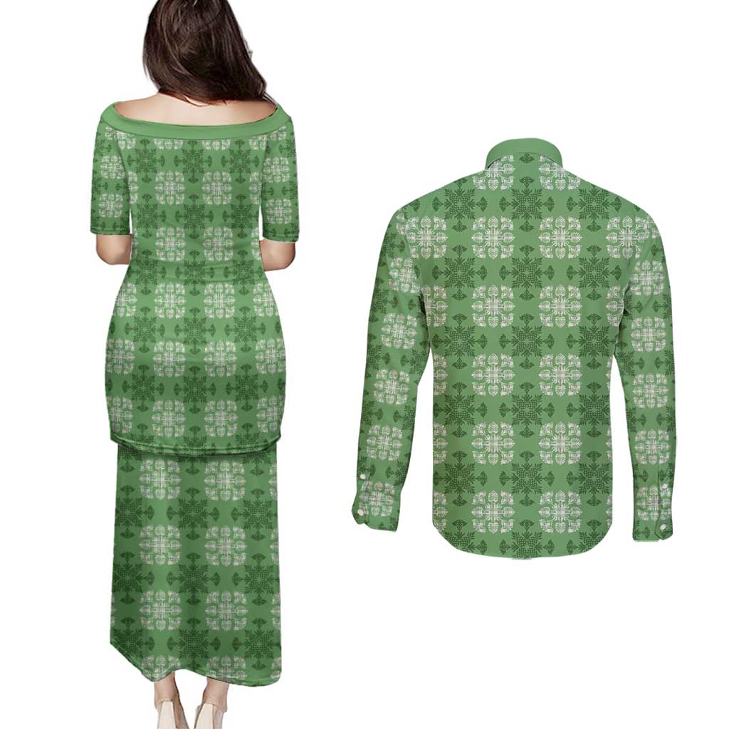 Green Hawaiian Quilt Couples Matching Puletasi and Long Sleeve Button Shirt Hawaii Pineapple Monstera Palaka Motifs LT14 - Polynesian Pride