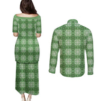 Green Hawaiian Quilt Couples Matching Puletasi and Long Sleeve Button Shirt Hawaii Pineapple Monstera Palaka Motifs LT14 - Polynesian Pride