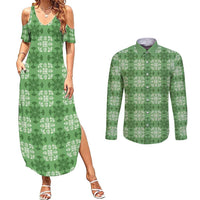 Green Hawaiian Quilt Couples Matching Summer Maxi Dress and Long Sleeve Button Shirt Hawaii Pineapple Monstera Palaka Motifs LT14 Green - Polynesian Pride