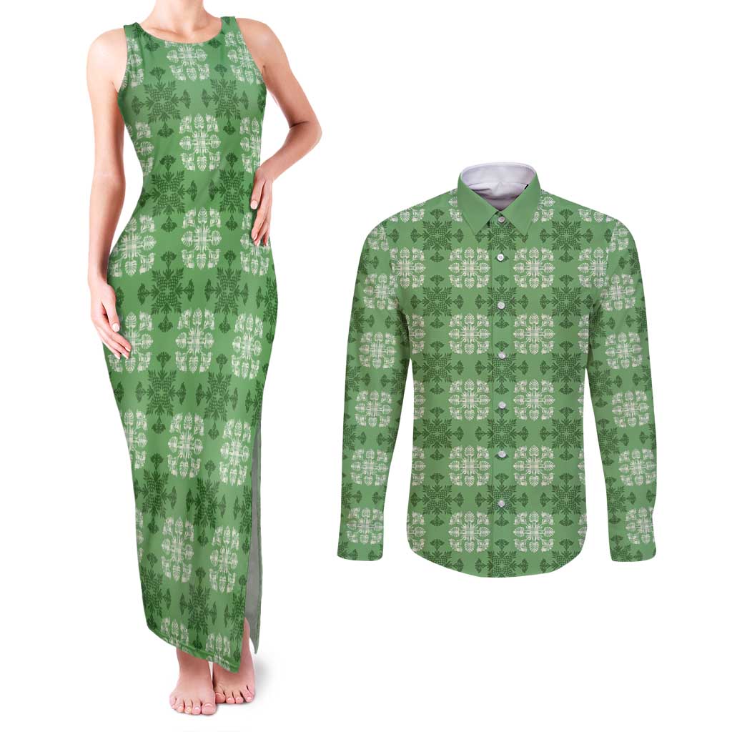 Green Hawaiian Quilt Couples Matching Tank Maxi Dress and Long Sleeve Button Shirt Hawaii Pineapple Monstera Palaka Motifs LT14 Green - Polynesian Pride