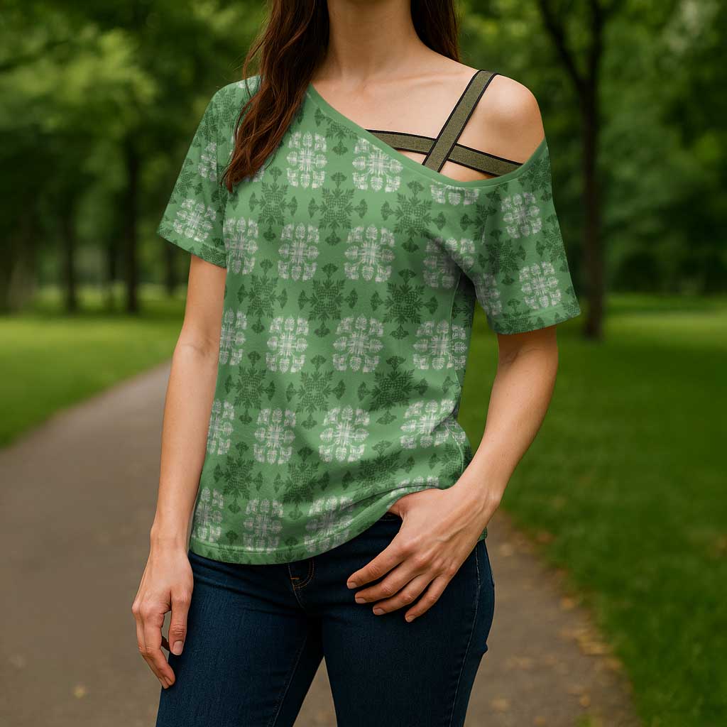 Green Hawaiian Quilt Cross Shoulder Shirt Hawaii Pineapple Monstera Palaka Motifs - Polynesian Pride