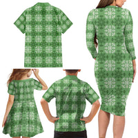 Green Hawaiian Quilt Family Matching Long Sleeve Bodycon Dress and Hawaiian Shirt Hawaii Pineapple Monstera Palaka Motifs LT14 - Polynesian Pride