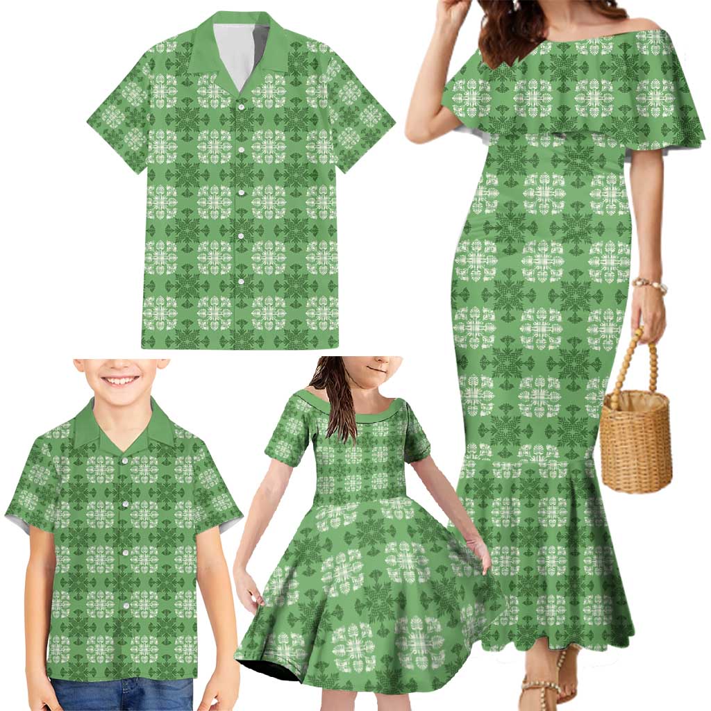 Green Hawaiian Quilt Family Matching Mermaid Dress and Hawaiian Shirt Hawaii Pineapple Monstera Palaka Motifs LT14 - Polynesian Pride