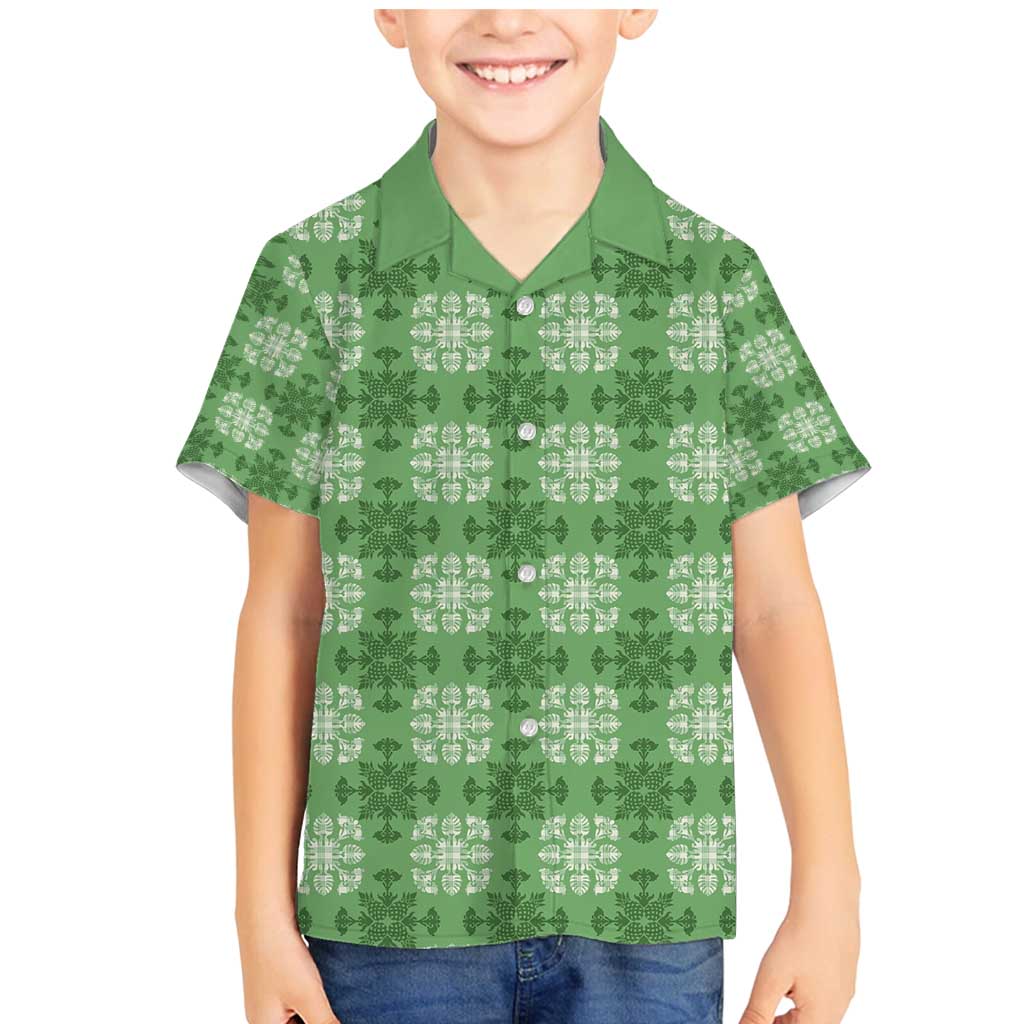 Green Hawaiian Quilt Family Matching Mermaid Dress and Hawaiian Shirt Hawaii Pineapple Monstera Palaka Motifs LT14 Son's Shirt Green - Polynesian Pride
