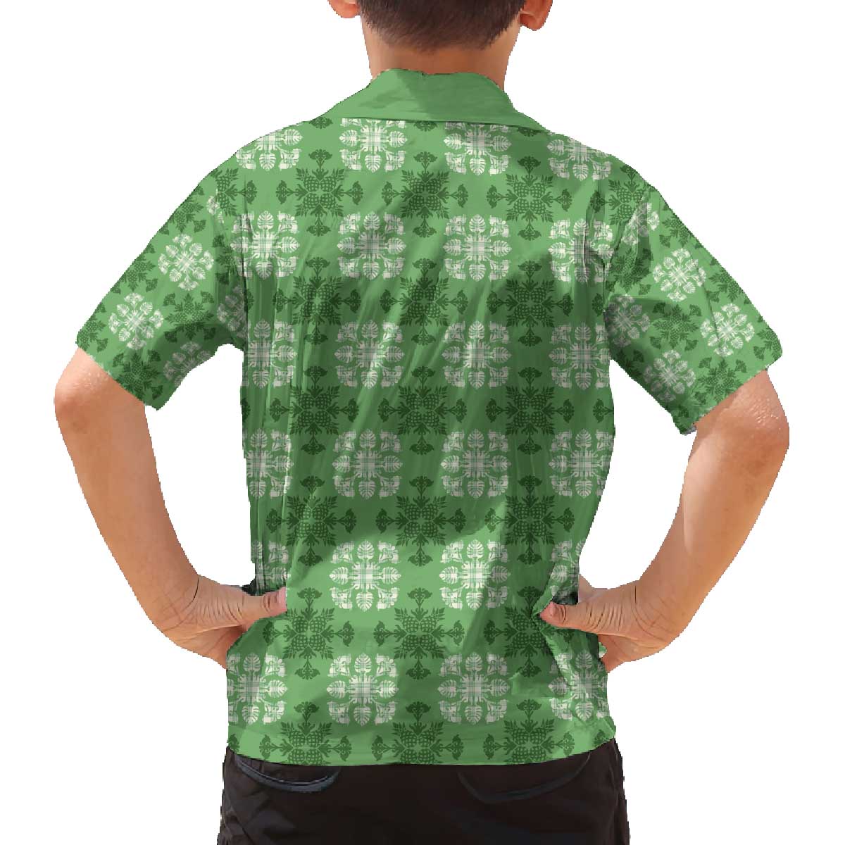 Green Hawaiian Quilt Family Matching Off The Shoulder Long Sleeve Dress and Hawaiian Shirt Hawaii Pineapple Monstera Palaka Motifs LT14 - Polynesian Pride