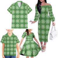 Green Hawaiian Quilt Family Matching Off The Shoulder Long Sleeve Dress and Hawaiian Shirt Hawaii Pineapple Monstera Palaka Motifs LT14 - Polynesian Pride