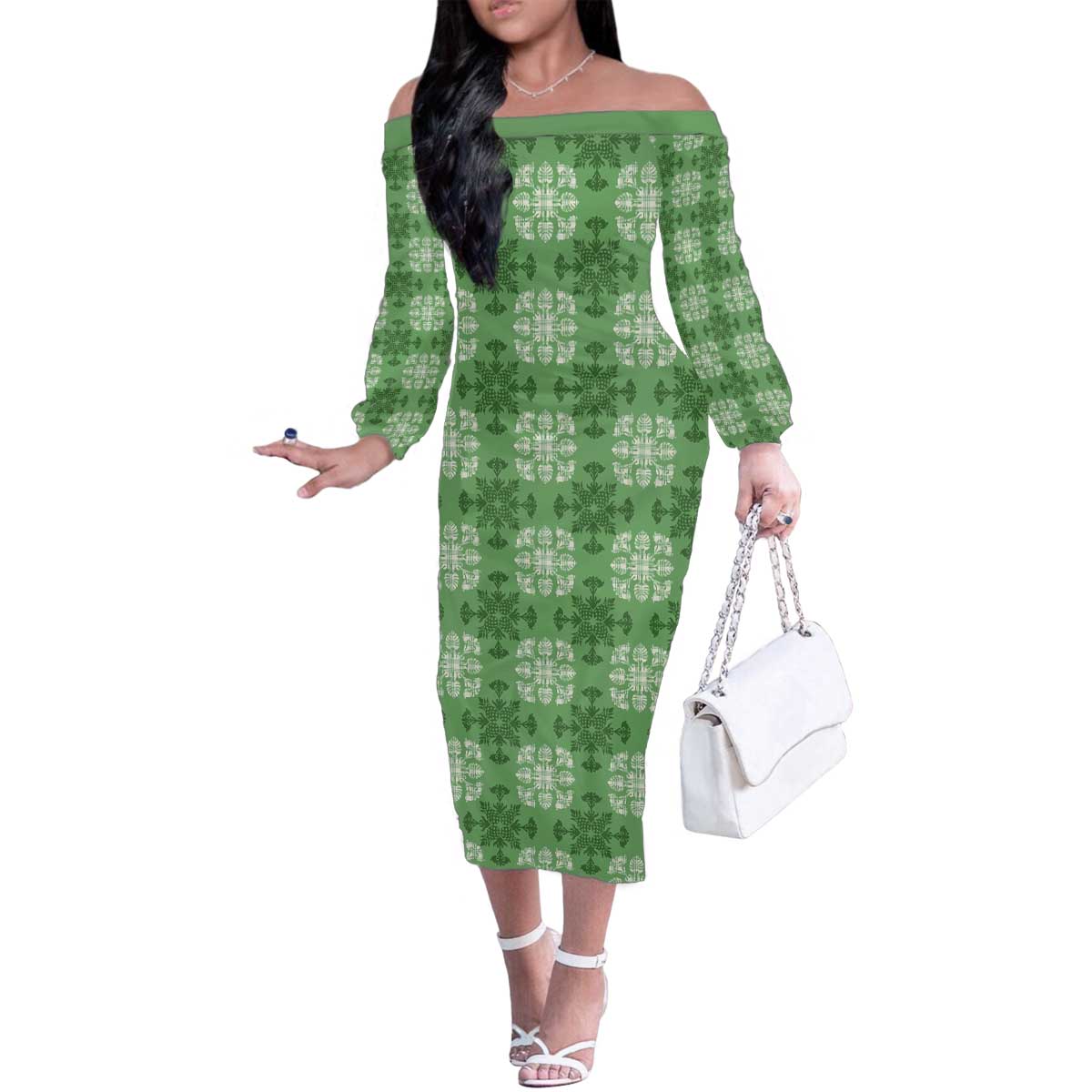 Green Hawaiian Quilt Family Matching Off The Shoulder Long Sleeve Dress and Hawaiian Shirt Hawaii Pineapple Monstera Palaka Motifs LT14 Mom's Dress Green - Polynesian Pride
