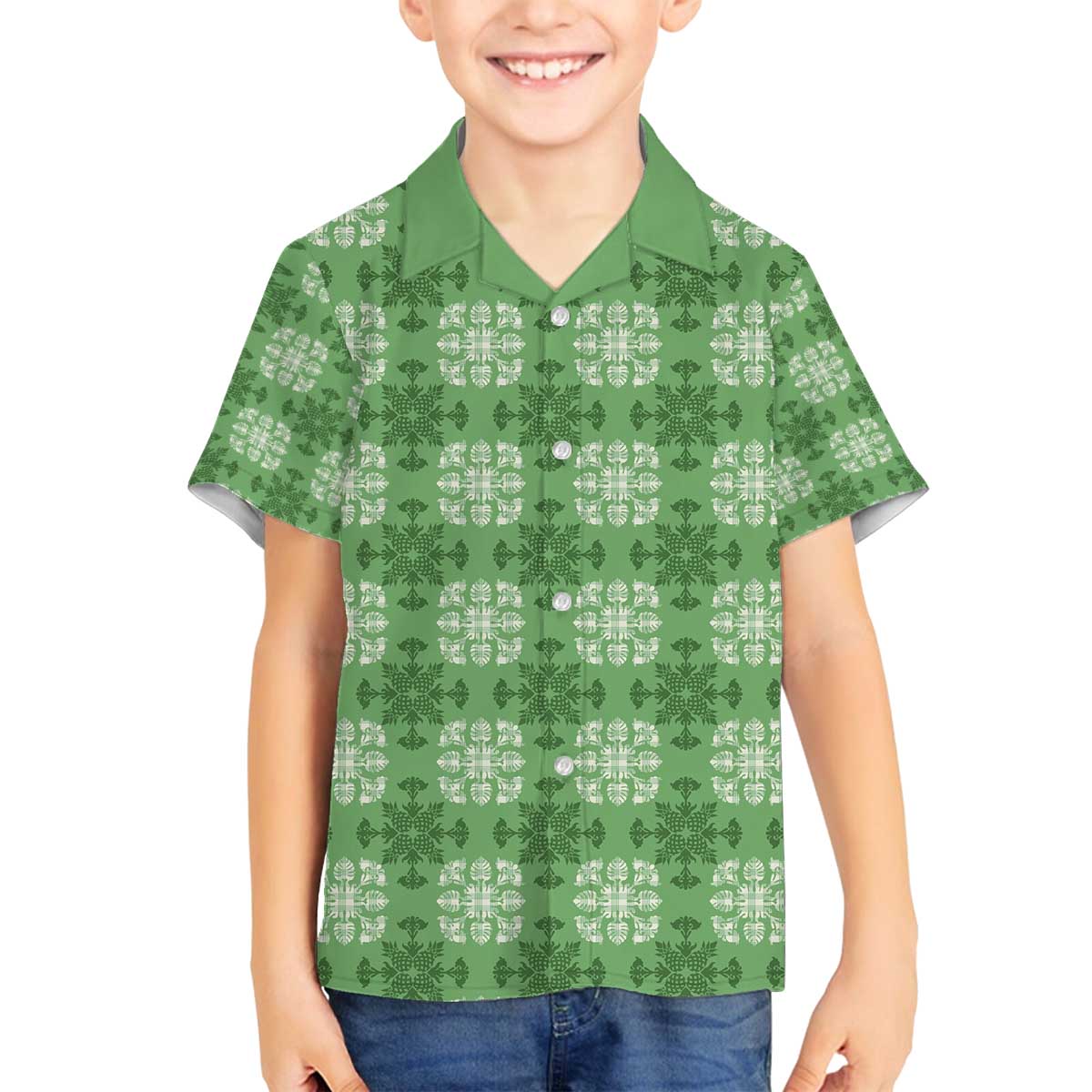 Green Hawaiian Quilt Family Matching Off The Shoulder Long Sleeve Dress and Hawaiian Shirt Hawaii Pineapple Monstera Palaka Motifs LT14 Son's Shirt Green - Polynesian Pride