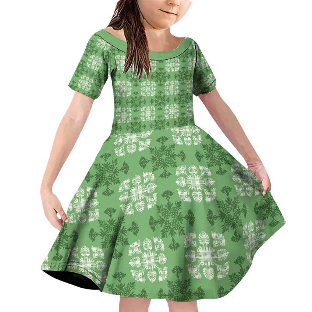 Green Hawaiian Quilt Family Matching Off Shoulder Short Dress and Hawaiian Shirt Hawaii Pineapple Monstera Palaka Motifs LT14 Daughter's Dress Green - Polynesian Pride